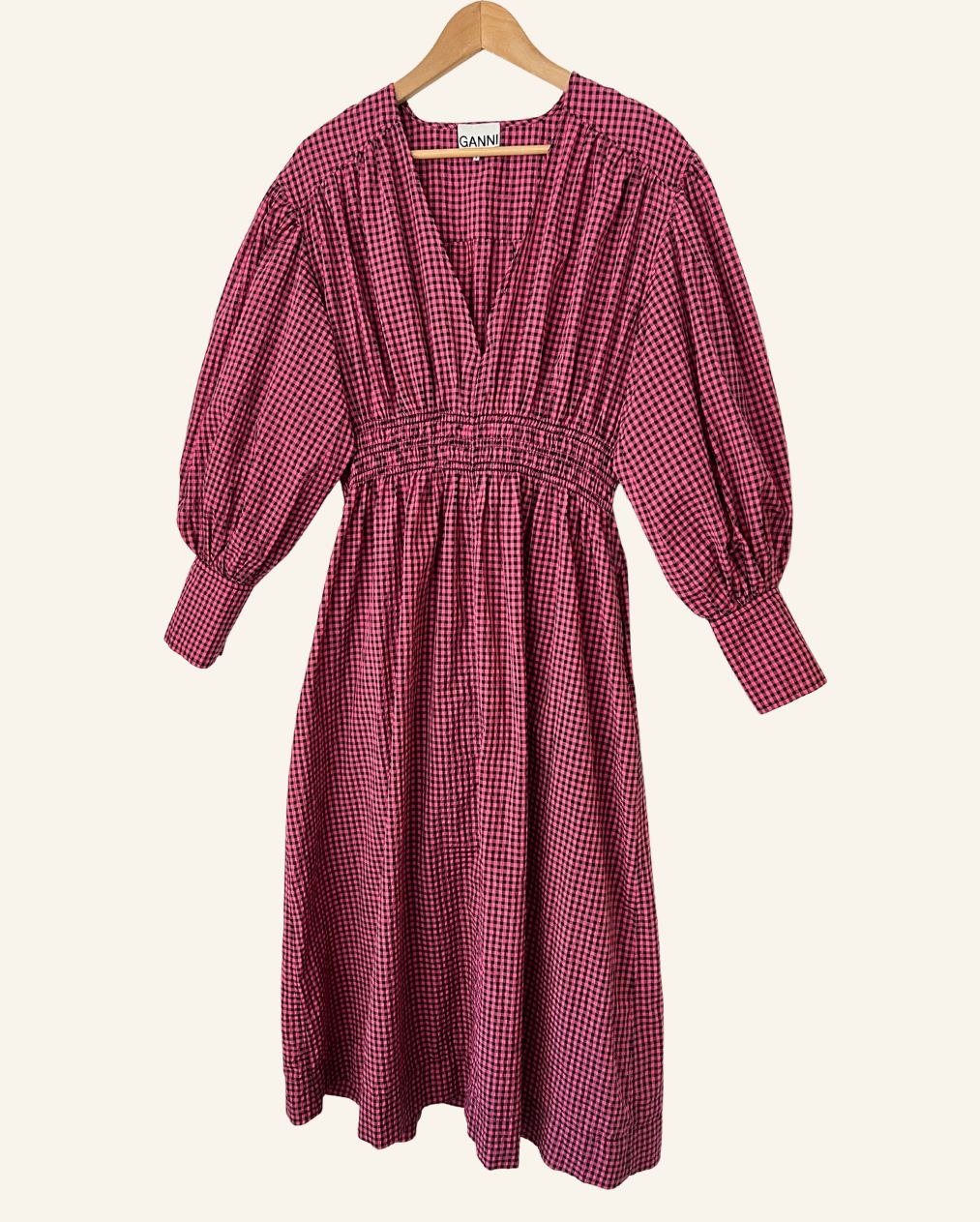 Seersucker gingham long midi dress  pink black puff sleeves ganni