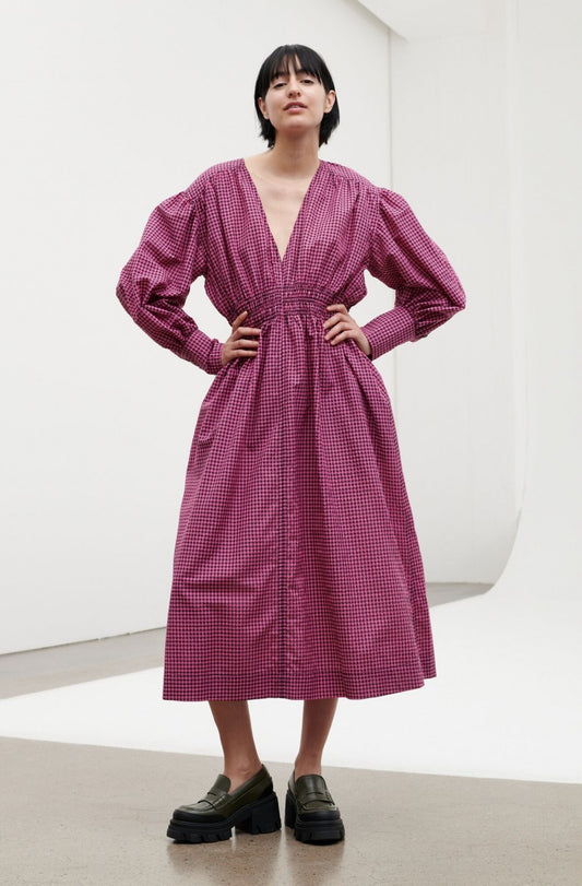 Seersucker gingham long midi dress  pink black puff sleeves ganni