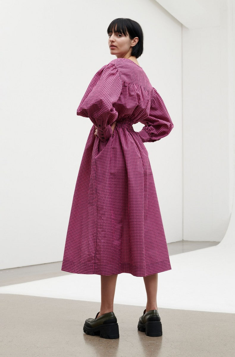 Seersucker gingham long midi dress  pink black puff sleeves ganni