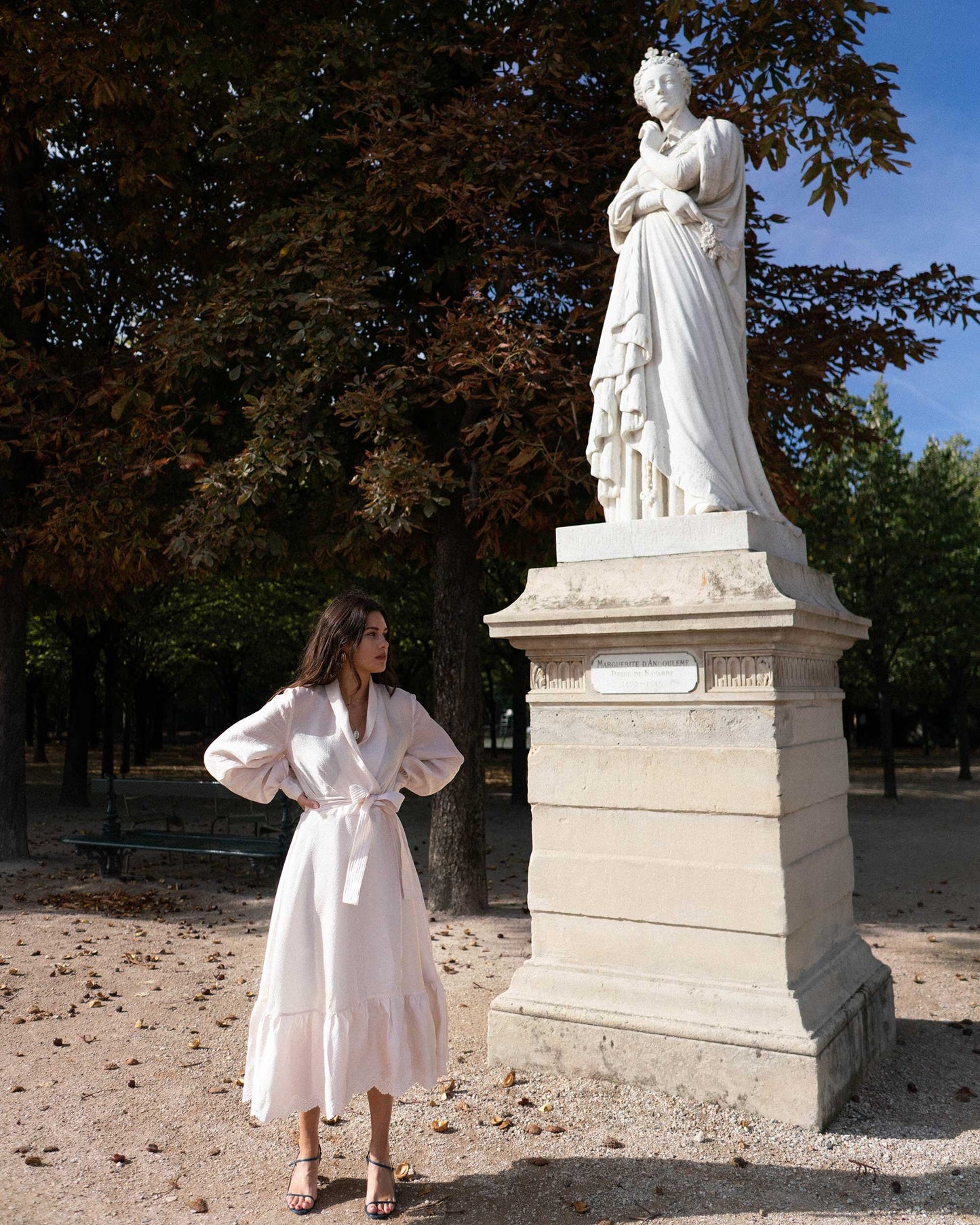 STINE GOYA "Niki" ivory wrap belted dress with ruffles and balloon sleeves