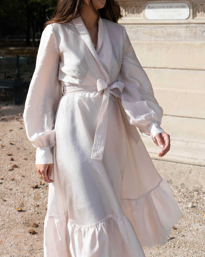 STINE GOYA "Niki" ivory wrap belted dress with ruffles and balloon sleeves