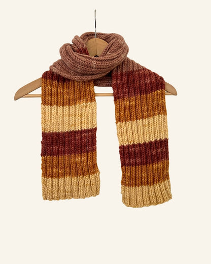 Vintage hand knitted striped wool scarf beige mustard lilac