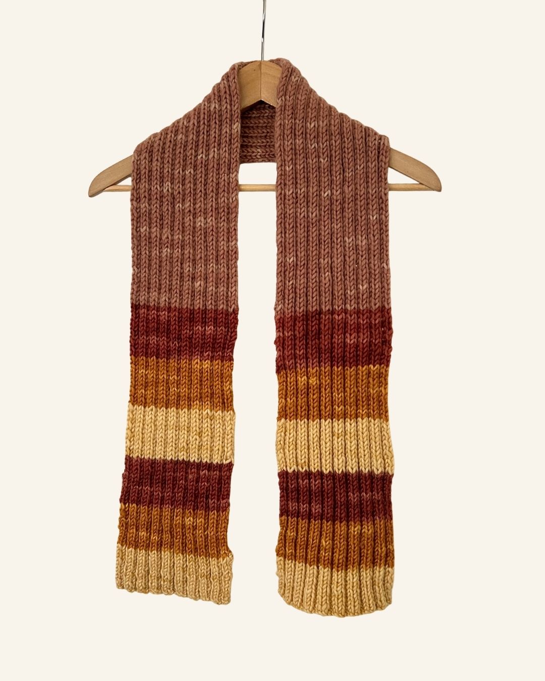 Vintage hand knitted striped wool scarf beige mustard lilac