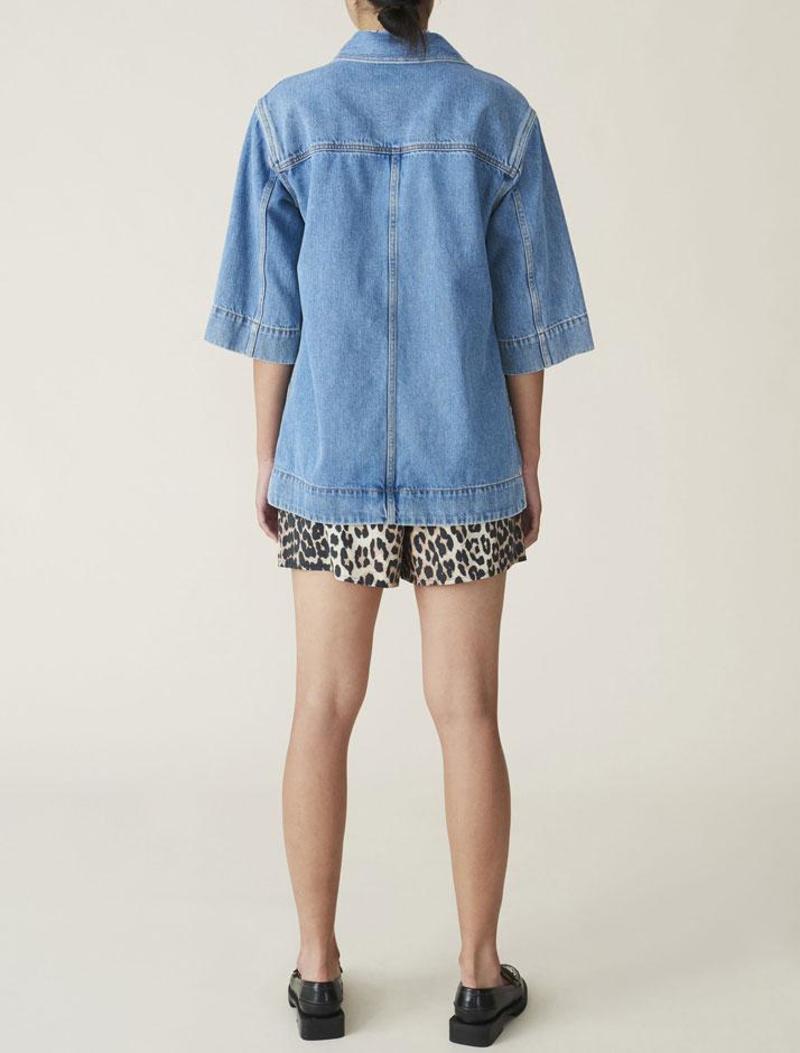 GANNI relaxed wrap crystal flower button organic denim jacket