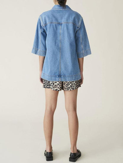 GANNI relaxed wrap crystal flower button organic denim jacket
