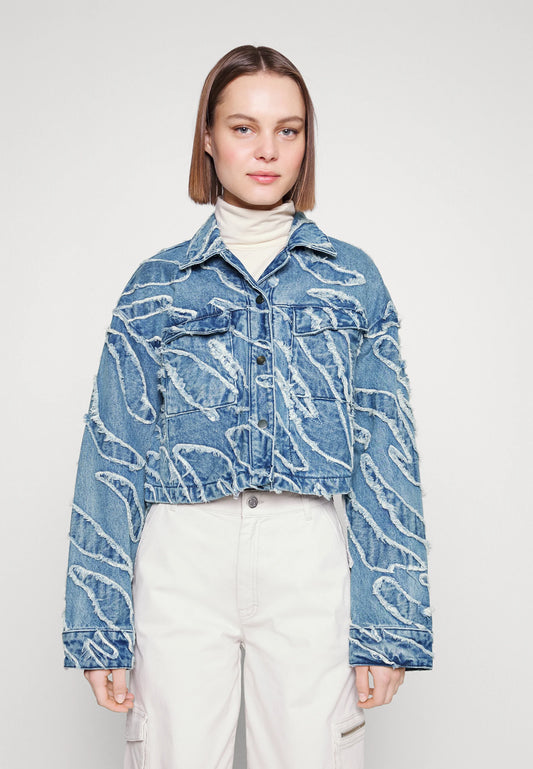 gestuz light blue denim frayered fringe jeans jacket oversize