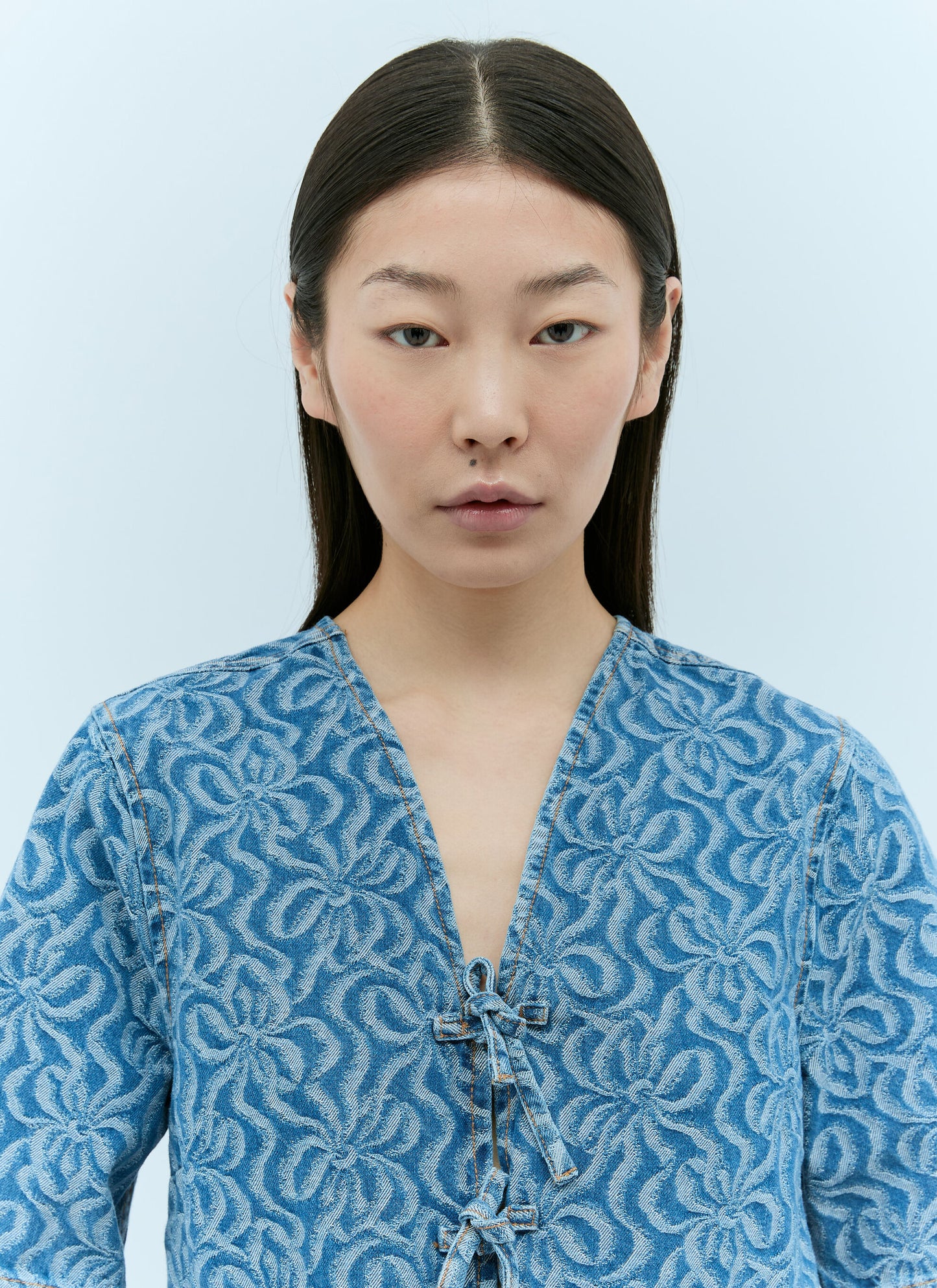 GANNI floral jacquard knots blue denim peplum blouse