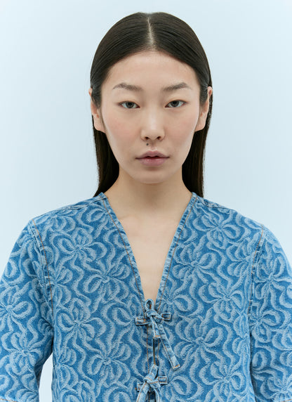 GANNI floral jacquard knots blue denim peplum blouse