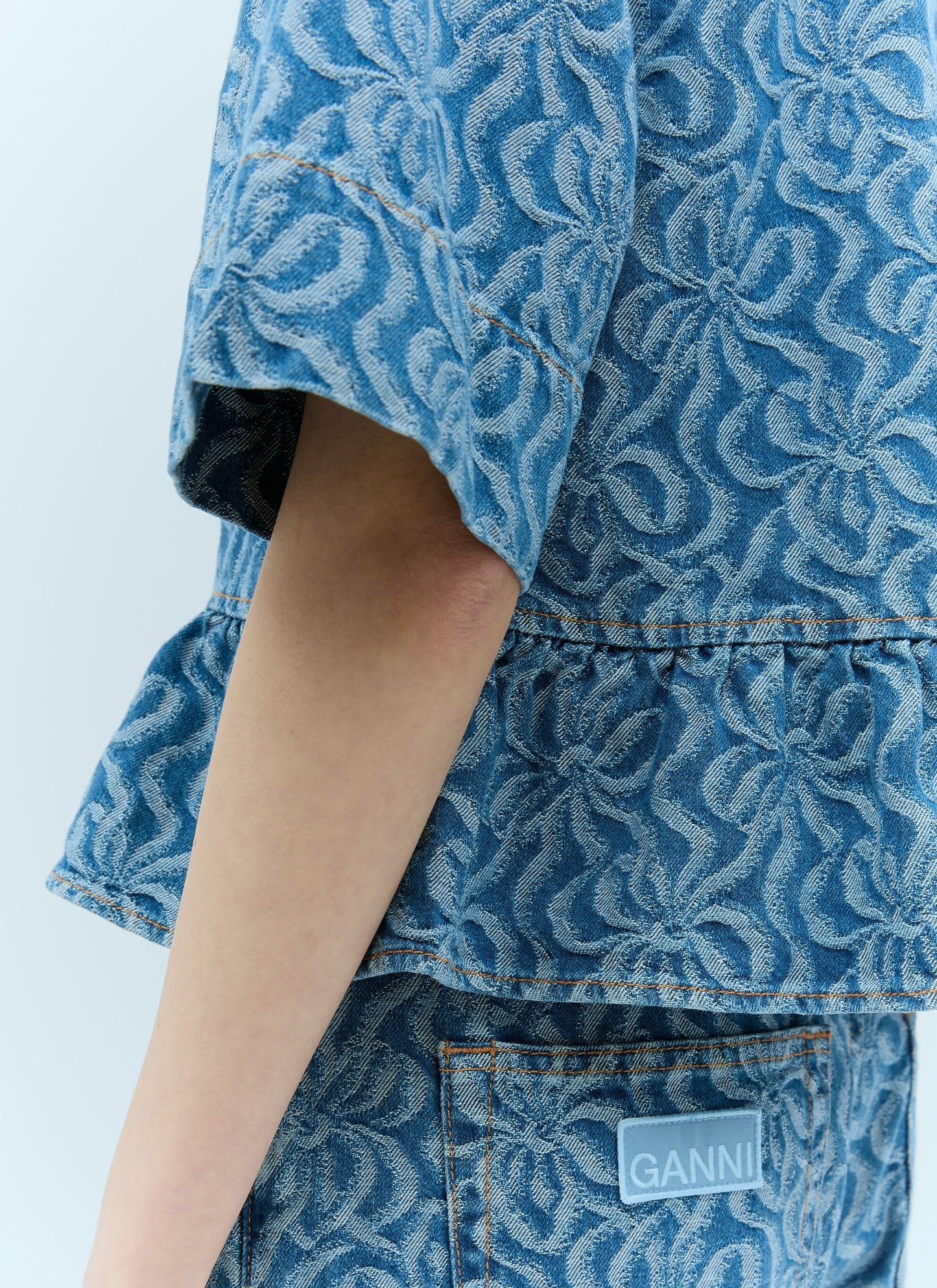 GANNI floral jacquard knots blue denim peplum blouse