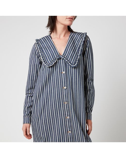 ganni coton shirt dress white stripe blue denim coton collar ruffle peter pan neck