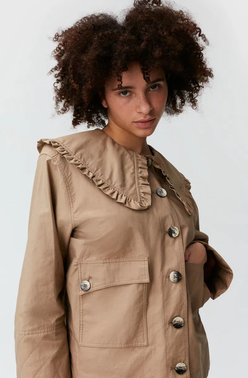 GANNI beige peter pan collar canvas light puffer jacket