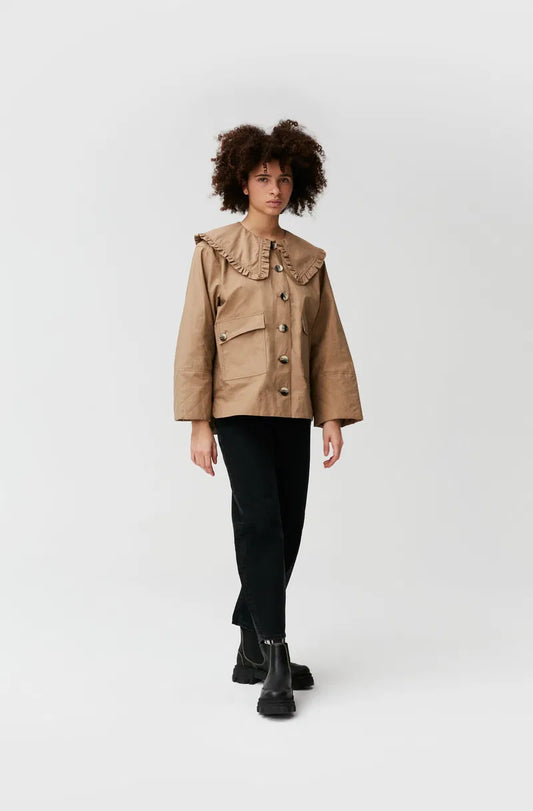 GANNI beige peter pan collar canvas light puffer jacket