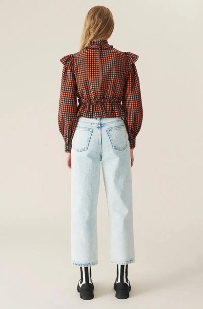 GANNI seersucker coral red / black gingham peplum blouse