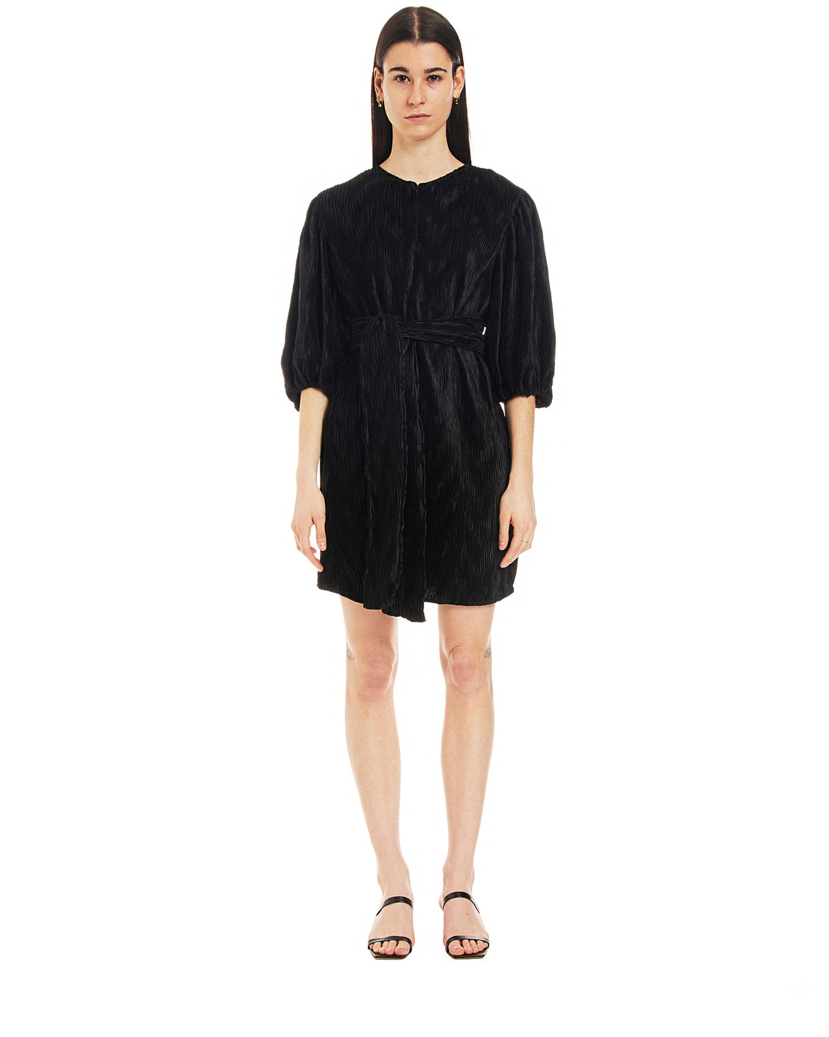 GANNI black satin pleated belt oversize dress with balloon sleeves