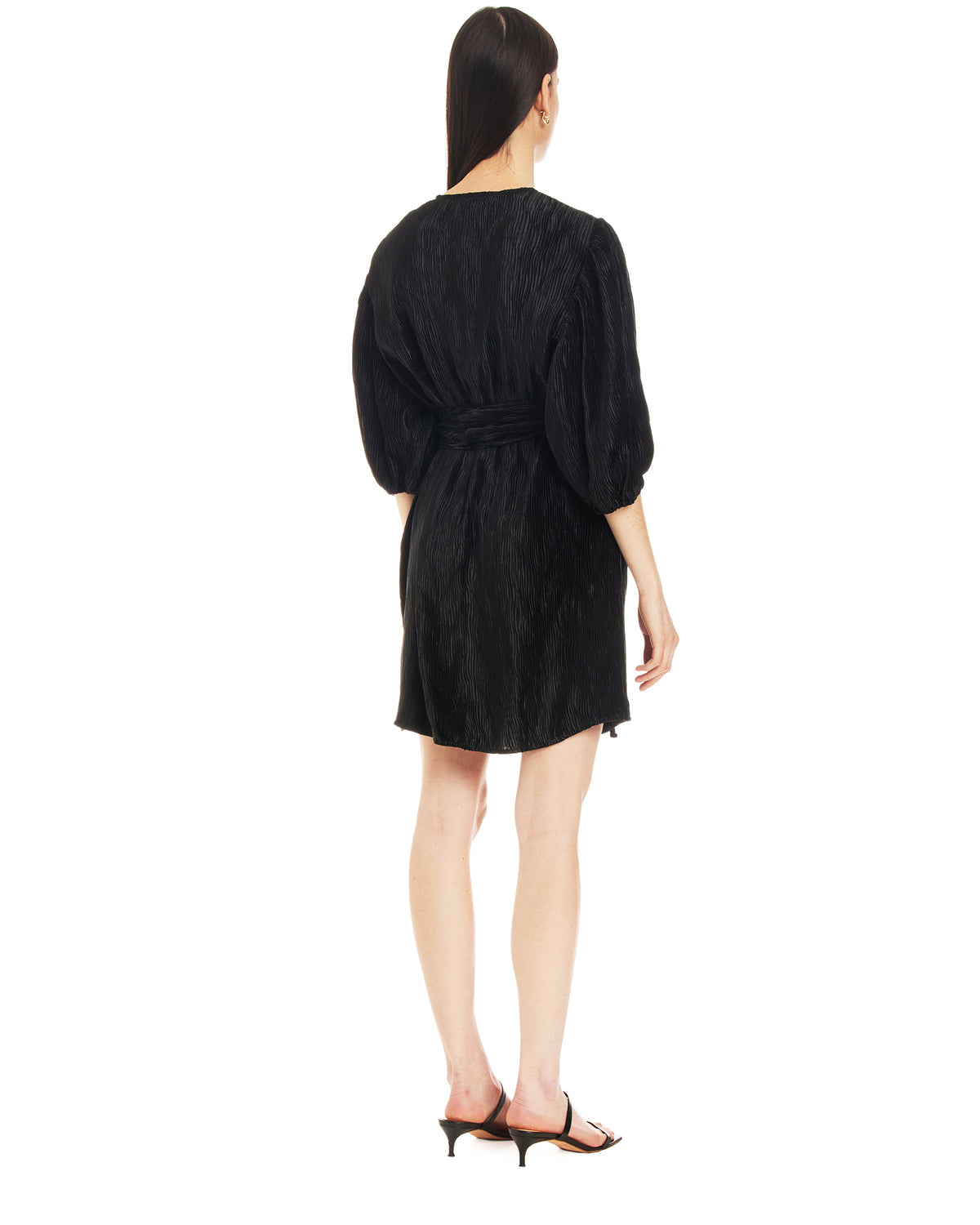 GANNI black satin pleated belt oversize dress with balloon sleeves