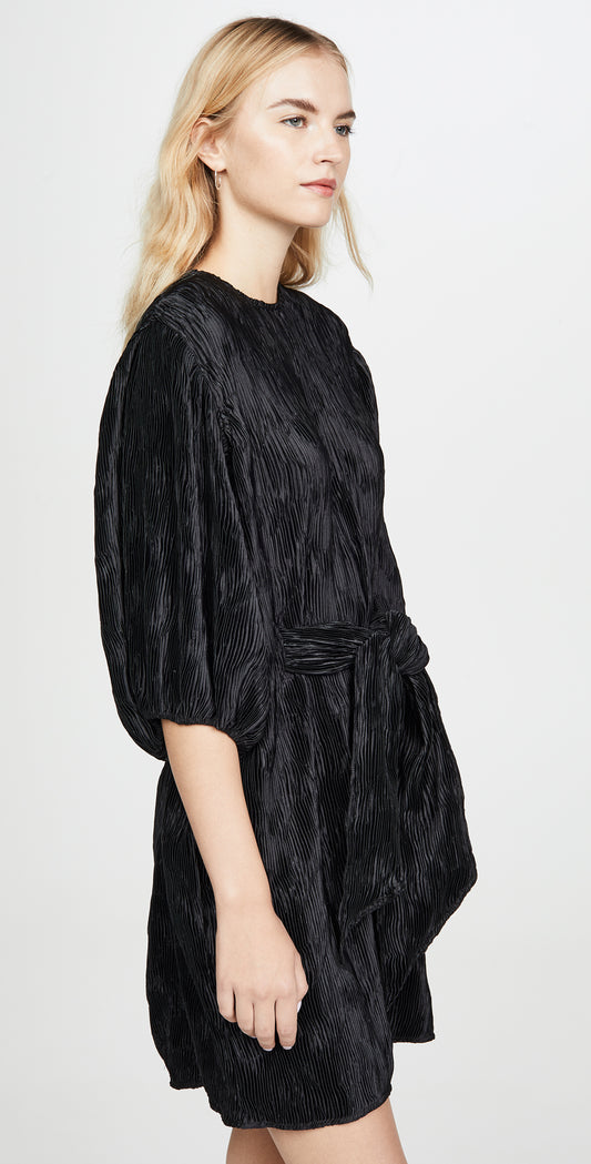 GANNI black satin pleated belt oversize dress with balloon sleeves