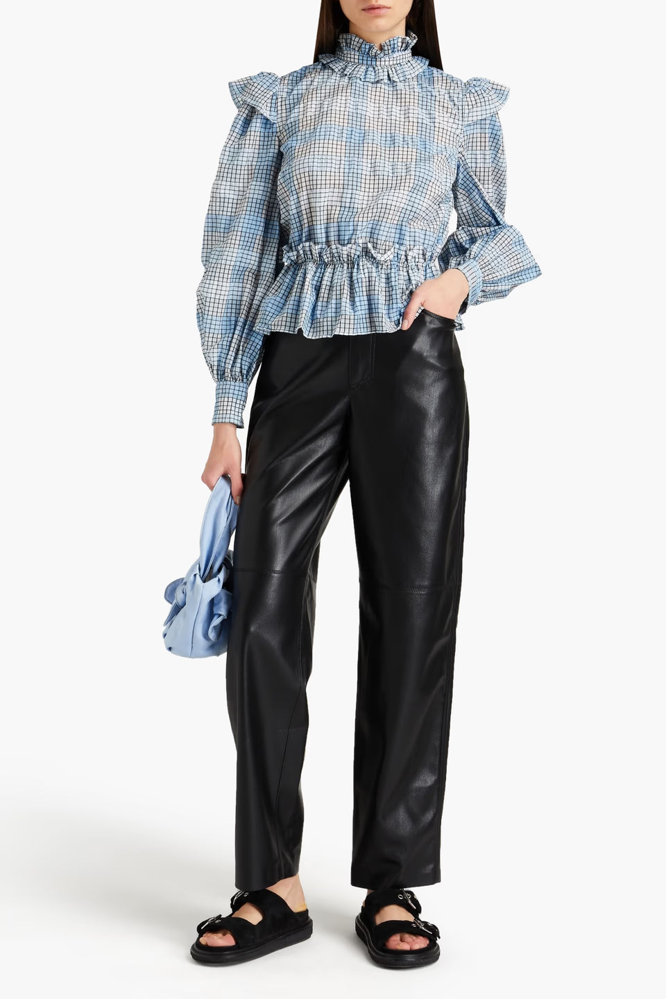 GANNI blue checked ruffled seersucker blouse