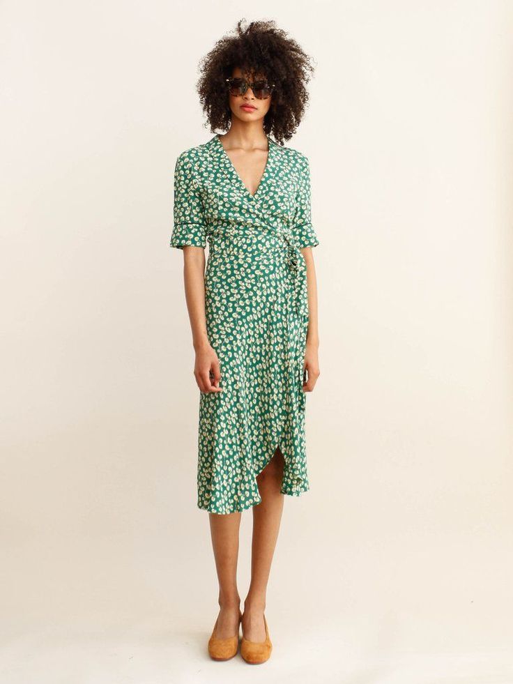 ganni dalton crepe dress green white flowers wrap