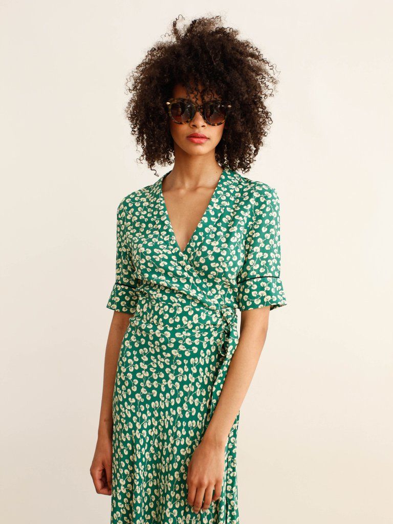  ganni dalton crepe dress green white flowers wrap