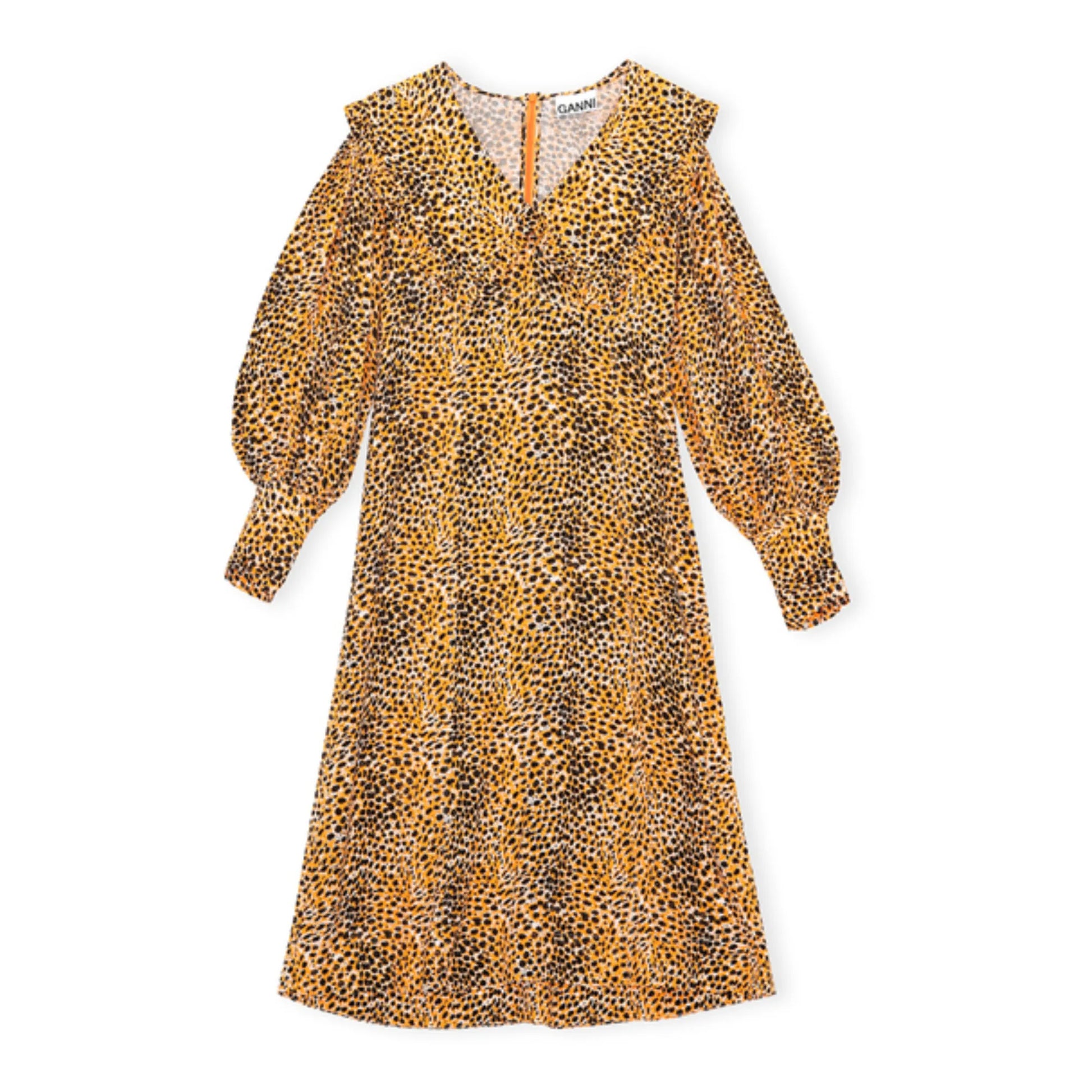 GANNI leopard print long dress with signature ruffled collar BOREAL REBORN GANNI leopard print long dress with signature ruffled collar BOREAL REBORN