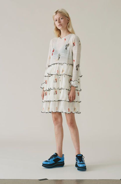 GANNI "Lowell" off-white floral pleated ruffle short dress