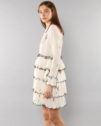 GANNI "Lowell" off-white floral pleated ruffle short dress