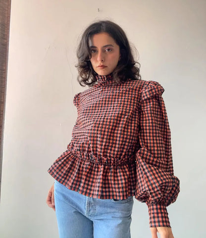 GANNI seersucker coral red / black gingham peplum blouse