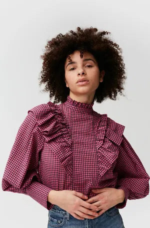 GANNI seersucker checkered gingham pink and black ruffled blouse with puff sleeves