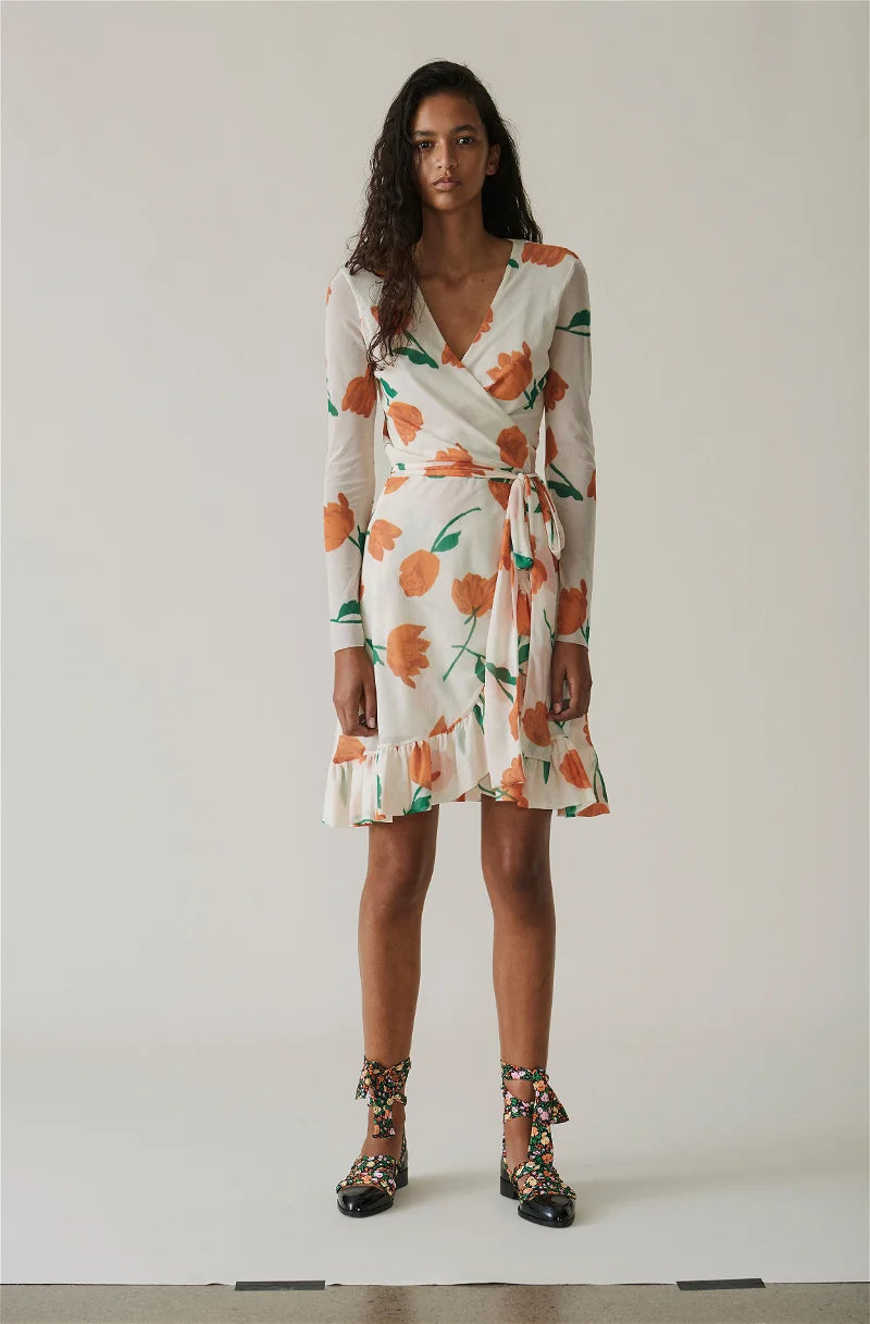 GANNI "Tilden Mesh" floral tulip wrap short dress