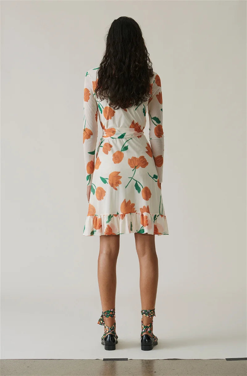 GANNI "Tilden Mesh" floral tulip wrap short dress