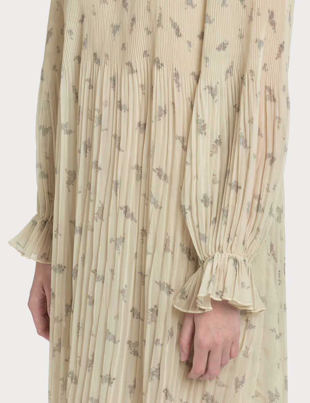 GANNI georgette long pleated cream sheer dress with floral print and ruffles