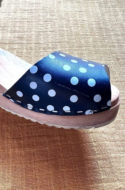 navy blue white polka dot clog shoe wood leather open toe