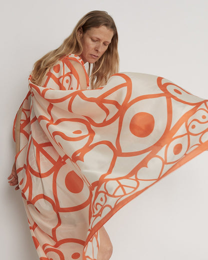 RODEBJER iconic silk Agave Symbols oversize caftan dress in off white and orange