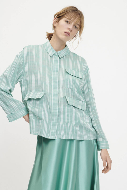 samsoesamsoe ilona light green seersucker check pocket shirt blouse