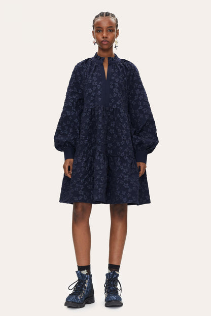 STINE GOYA "Jasmine" dark blue jacquard balloon sleeves embroidered dress
