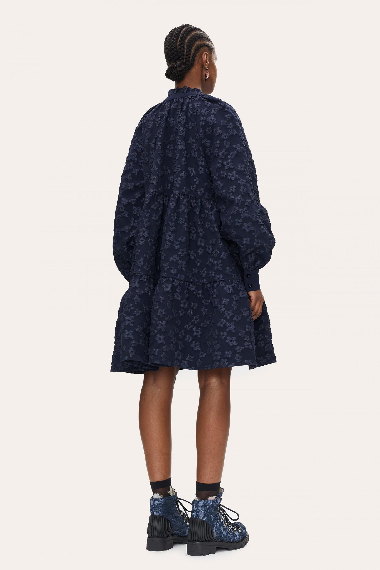 STINE GOYA "Jasmine" dark blue jacquard balloon sleeves embroidered dress