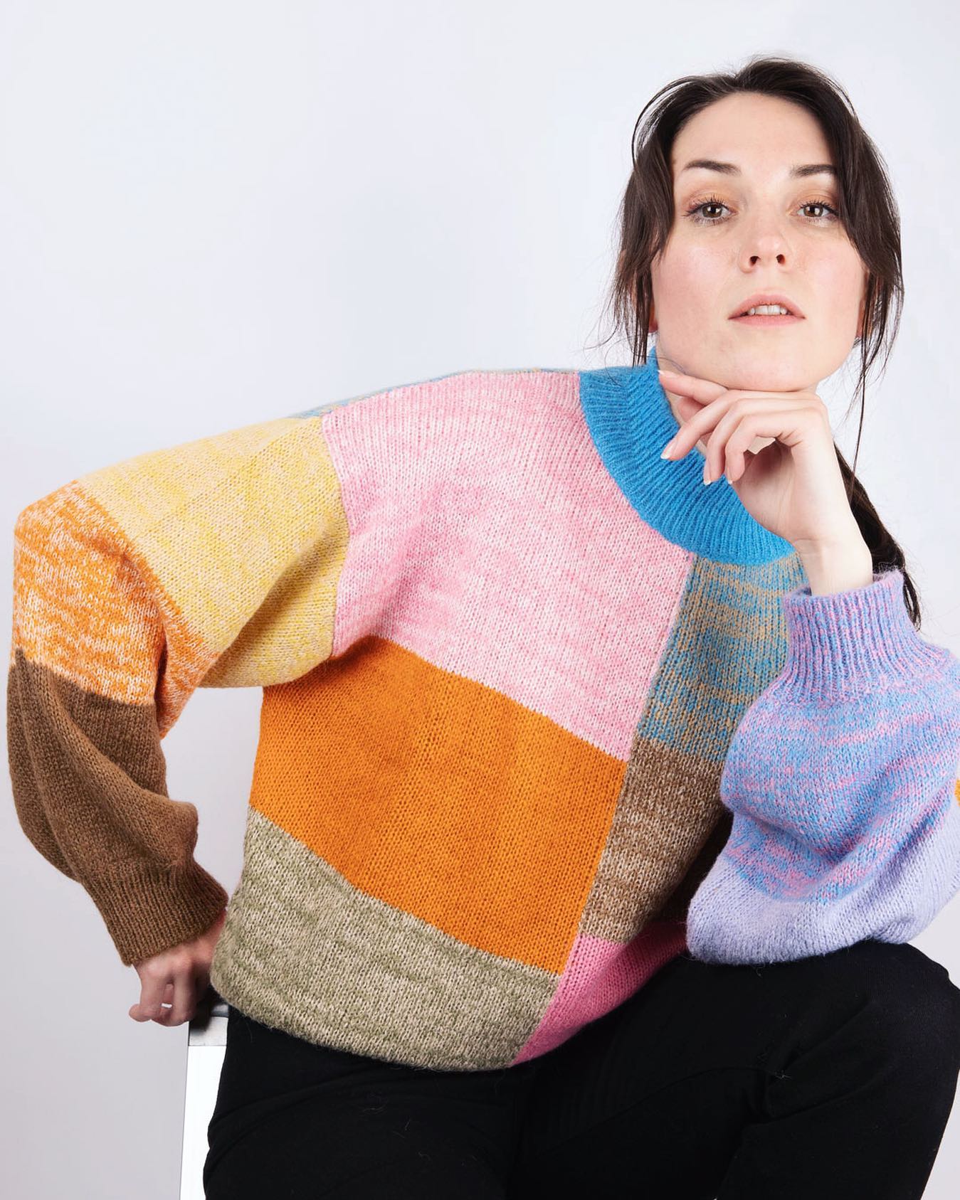 STINE GOYA chunky knit alpaca wool sweater with check pattern ADONIS