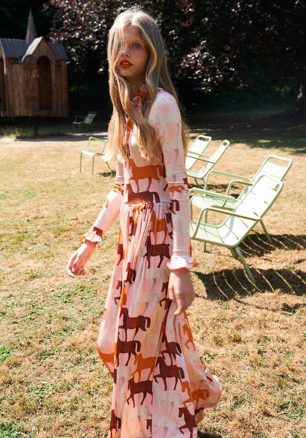 stinegoya clarabelle pink brown horse ruffle long dress