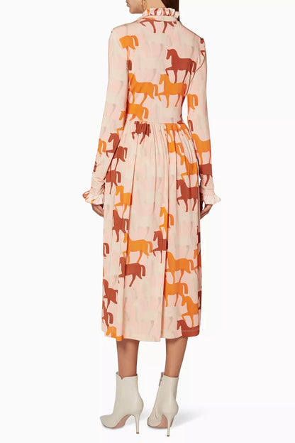 stinegoya clarabelle pink brown horse ruffle long dress