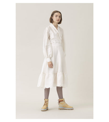 STINE GOYA "Niki" ivory wrap belted dress with ruffles and balloon sleeves