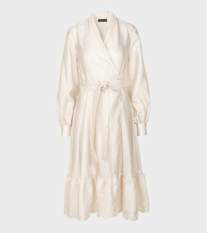 STINE GOYA "Niki" ivory wrap belted dress with ruffles and balloon sleeves